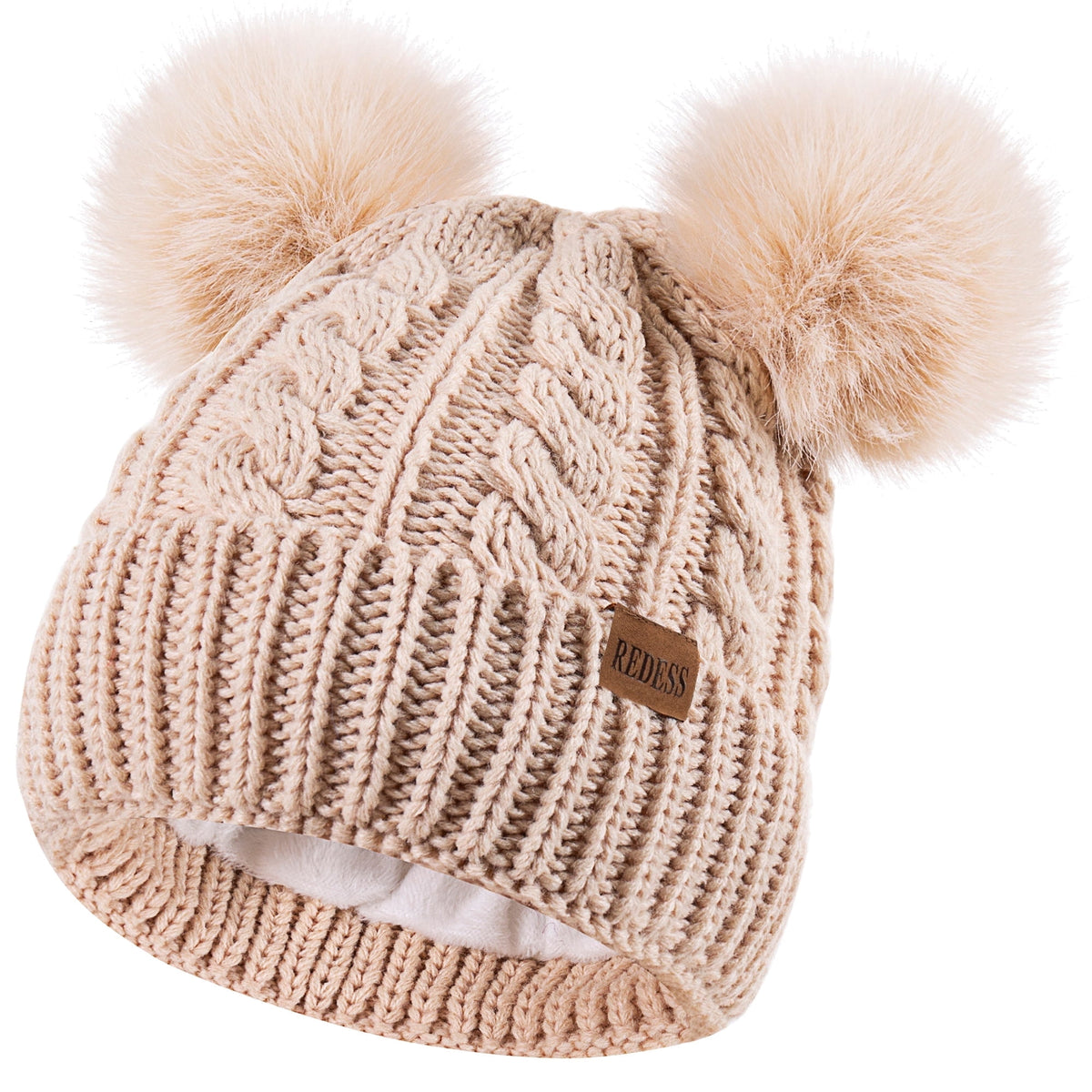 REDESS Women's Winter Beanie Hat with Two Pompoms and Warm Fleece Lining-Black