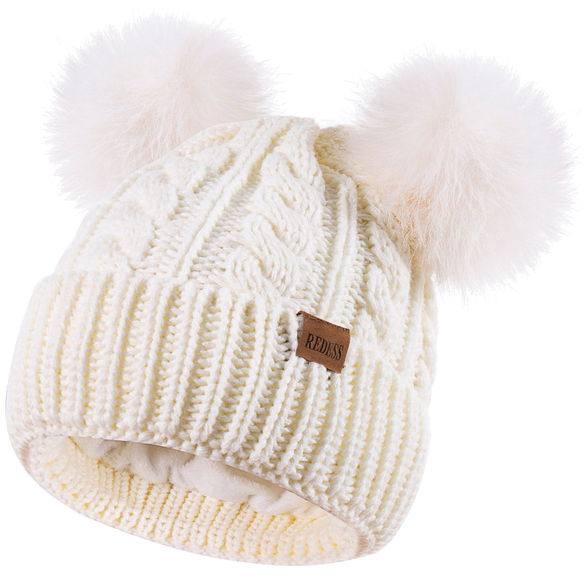 REDESS Women's Winter Beanie Hat with Two Pompoms and Warm Fleece Lining-Black