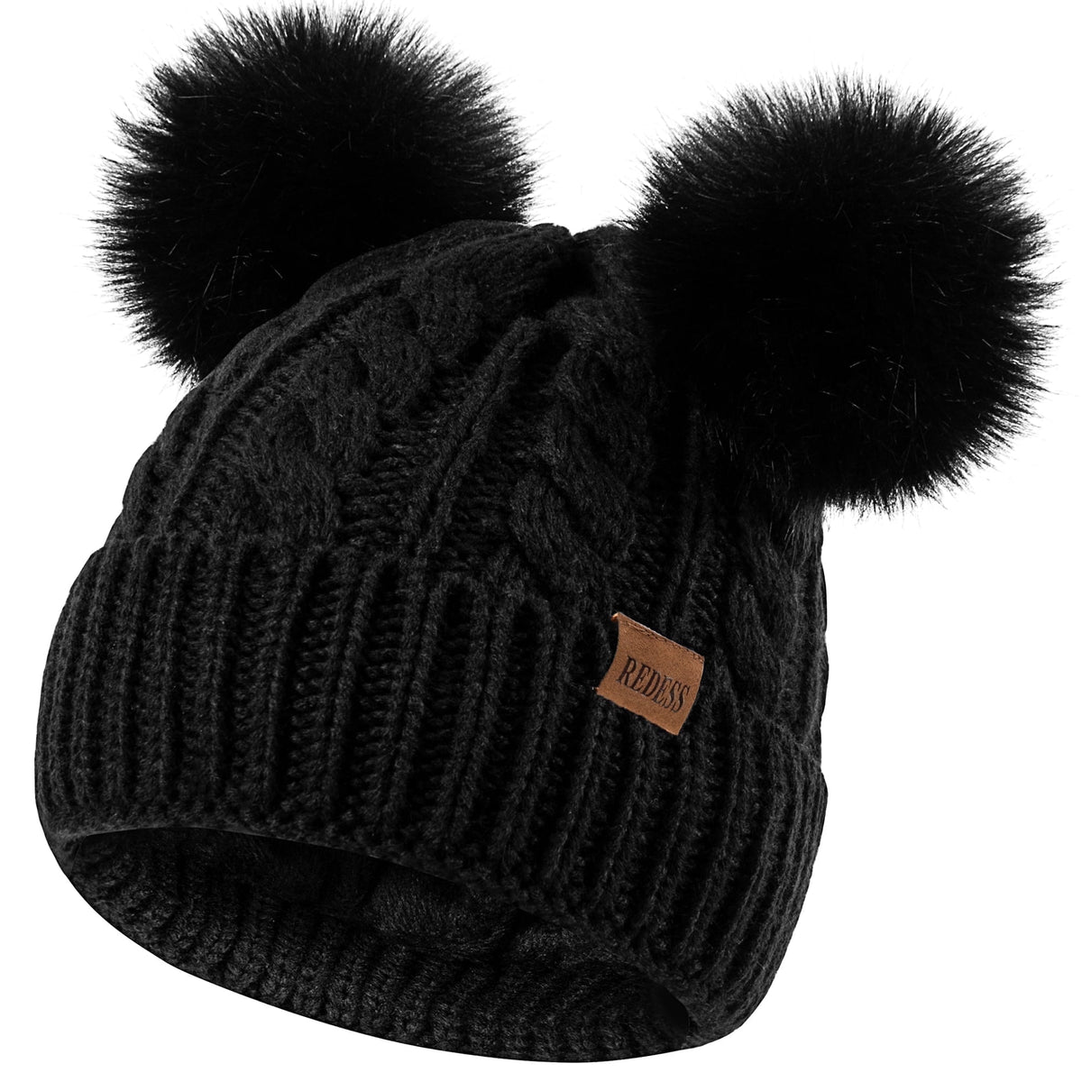 REDESS Women's Winter Beanie Hat with Two Pompoms and Warm Fleece Lining-Black