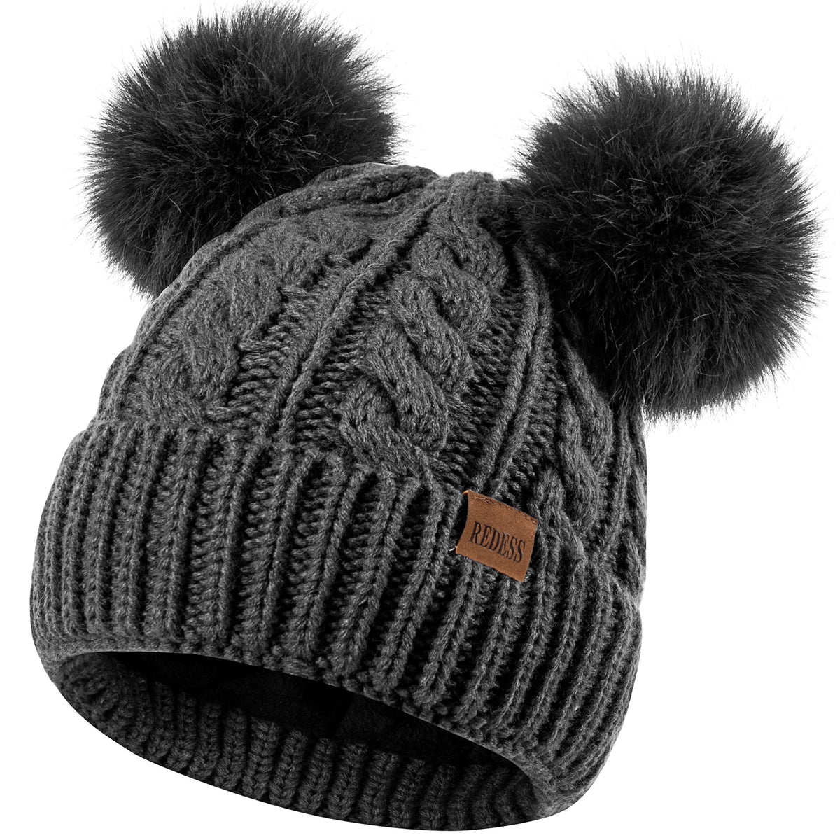 REDESS Women's Winter Beanie Hat with Two Pompoms and Warm Fleece Lining-Black