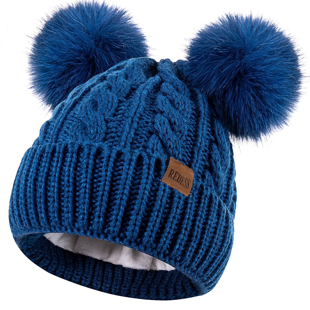 REDESS Women's Winter Beanie Hat with Two Pompoms and Warm Fleece Lining-Black