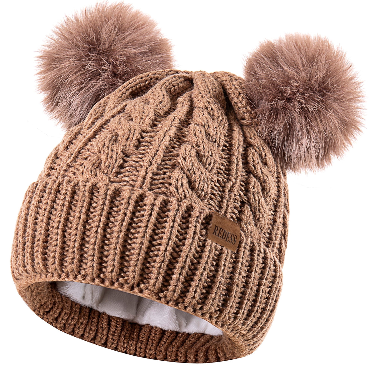 REDESS Women's Winter Beanie Hat with Two Pompoms and Warm Fleece Lining-Black