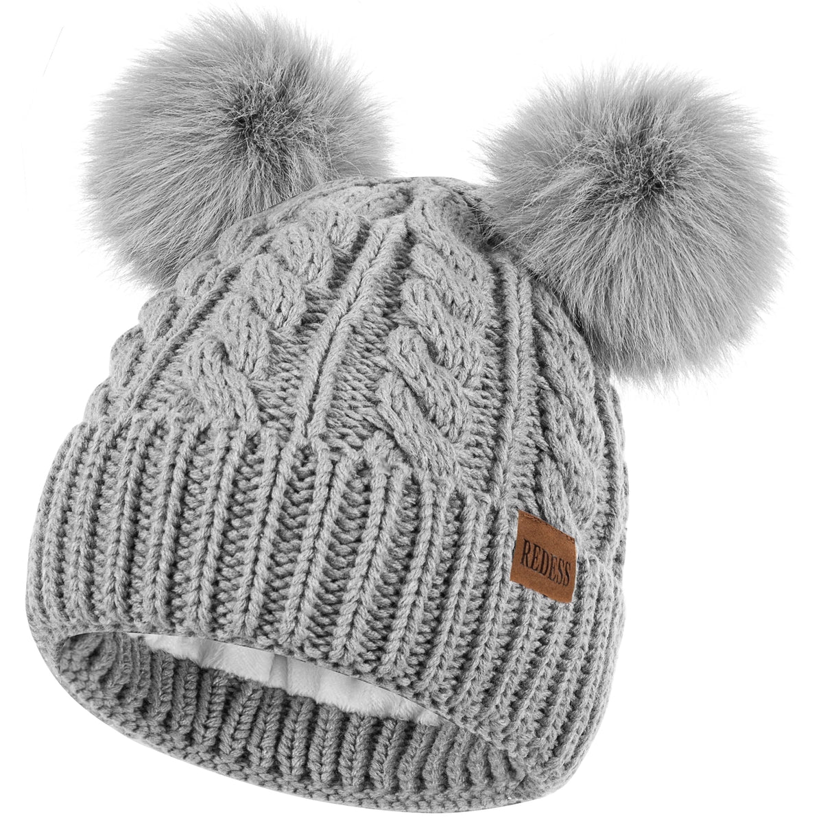 REDESS Women's Winter Beanie Hat with Two Pompoms and Warm Fleece Lining-Black