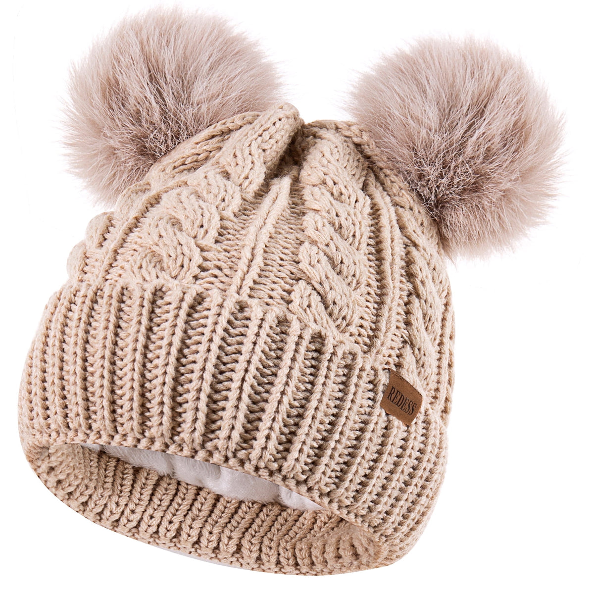 REDESS Women's Winter Beanie Hat with Two Pompoms and Warm Fleece Lining-Black