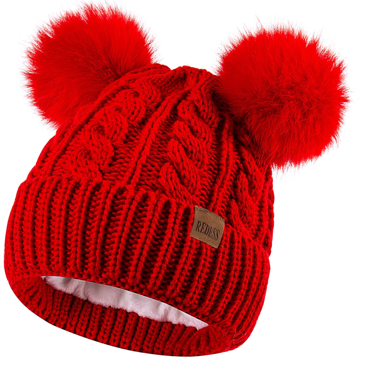 REDESS Women's Winter Beanie Hat with Two Pompoms and Warm Fleece Lining-Black
