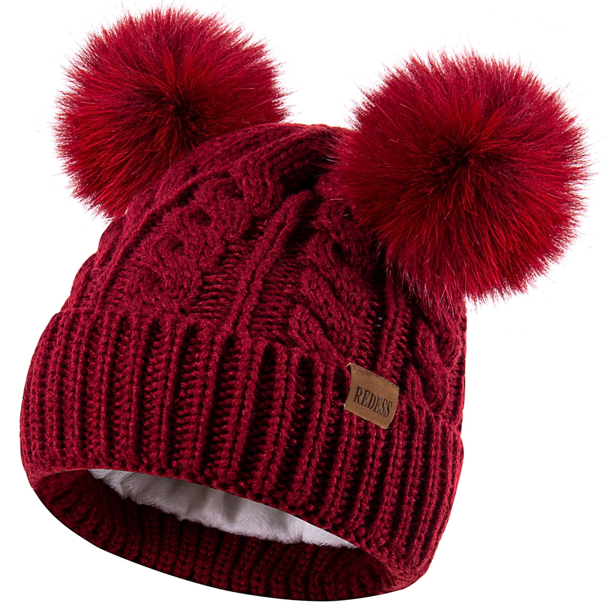 REDESS Women's Winter Beanie Hat with Two Pompoms and Warm Fleece Lining-Black