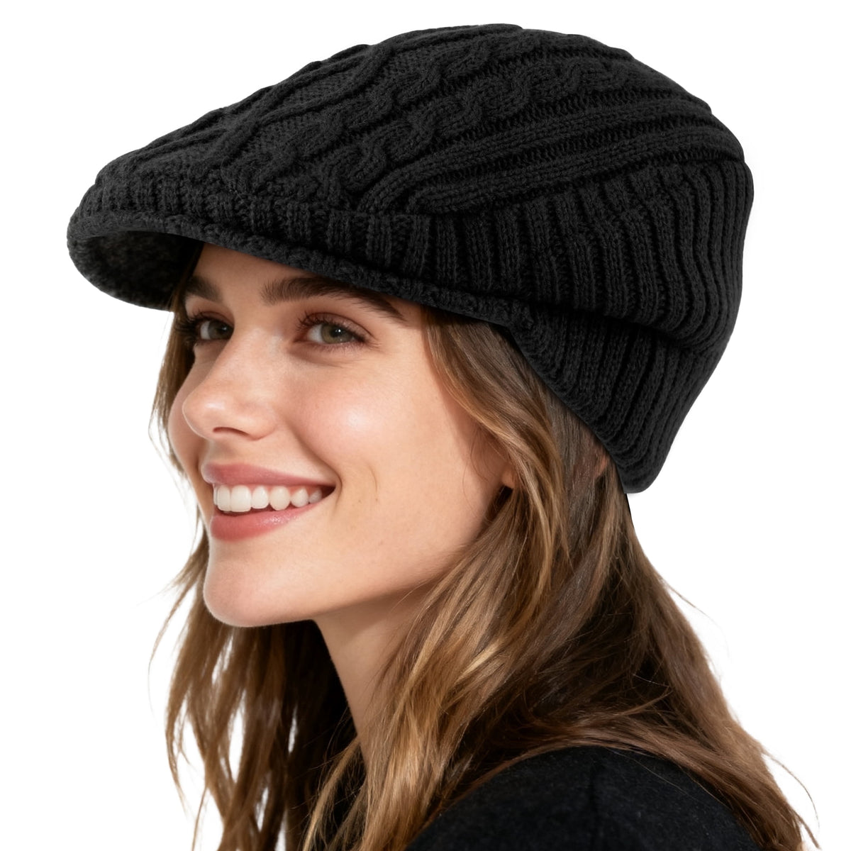 REDESS Winter Beanies Hat for Women,Knit Brimmer Hat Slouchy Beanie Cap with Visor Black