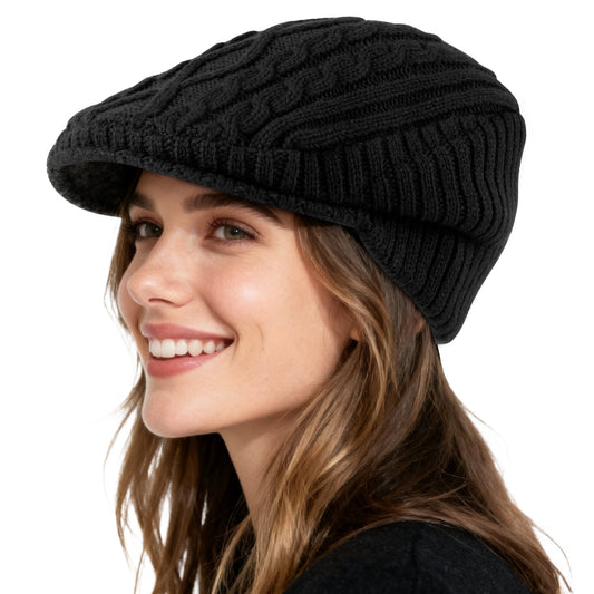 REDESS Winter Beanies Hat for Women,Knit Brimmer Hat Slouchy Beanie Cap with Visor Black