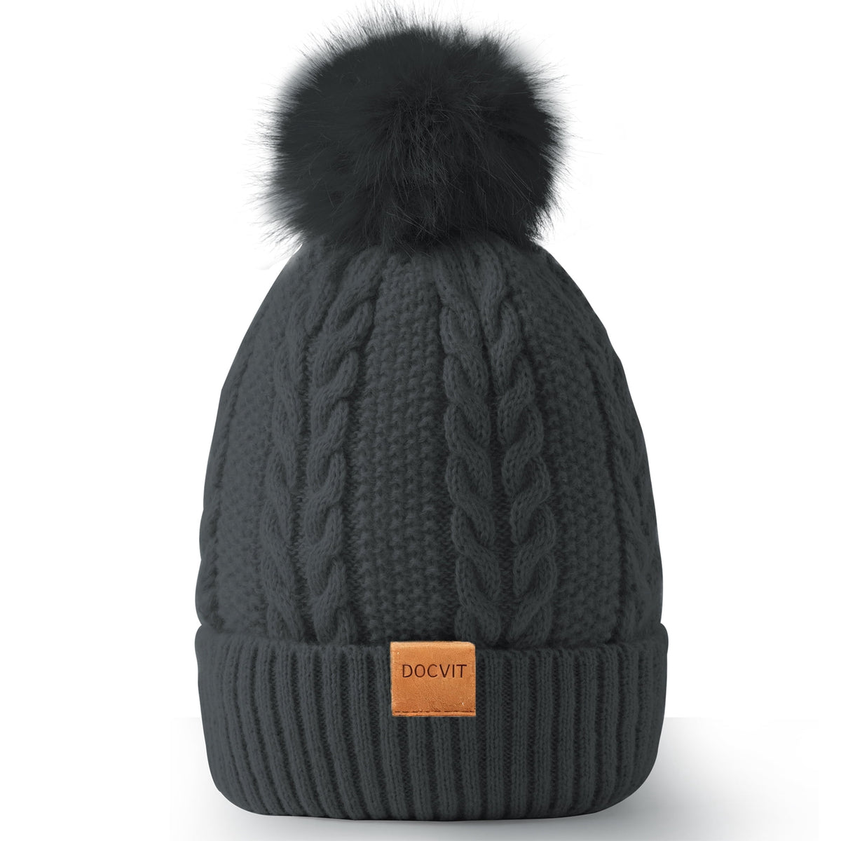 REDESS Women's Winter Beanie Hat Fleece Lined Cable Knitted Pom-Pom Hat,Black
