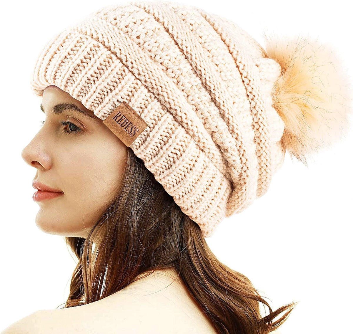 REDESS Women's Acrylic Winter Pom Pom Beanie Hat, Black, One Size