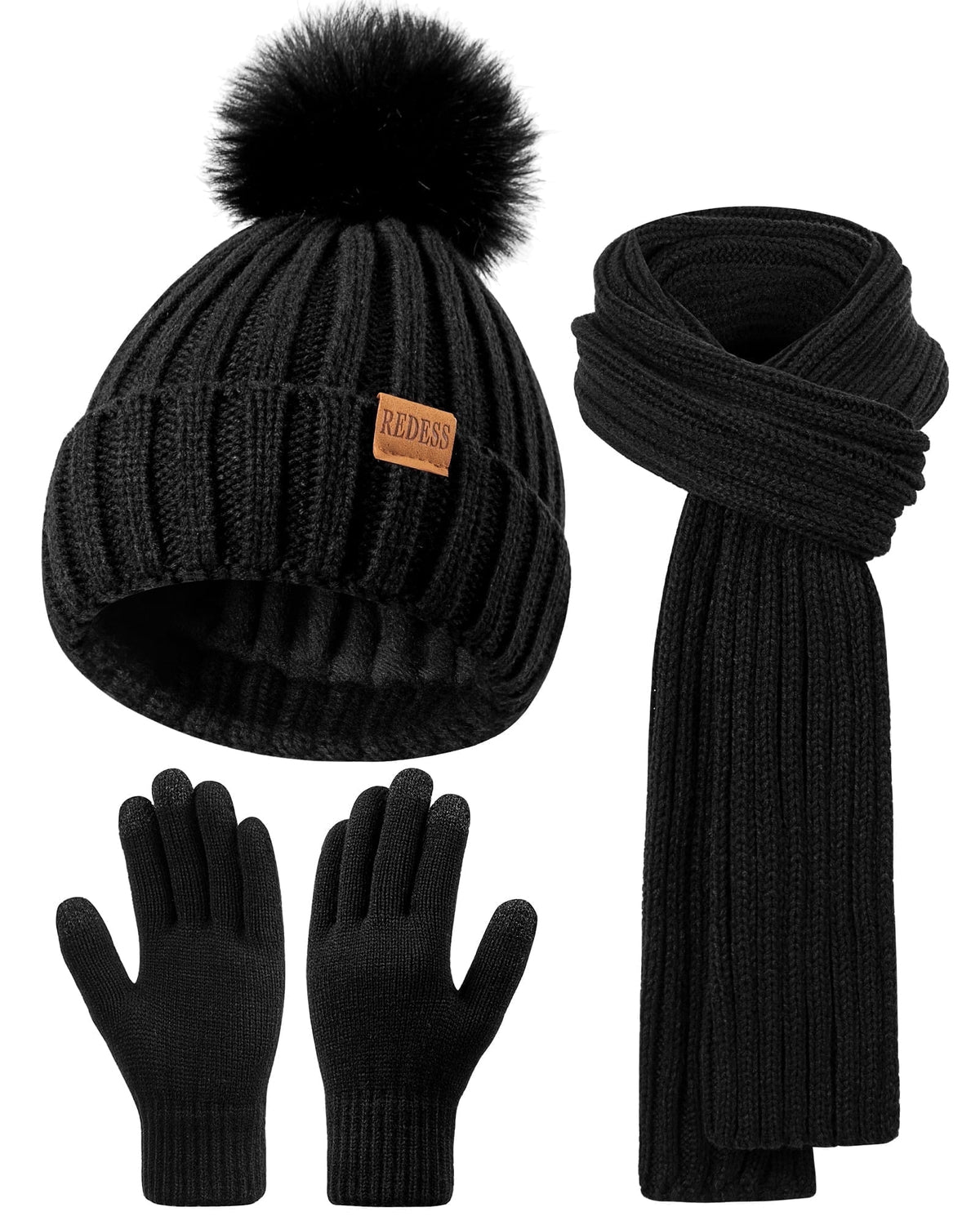 REDESS Womens Beanie Hat Scarf Gloves Set, Fleece Lined Winter Hat Long Knit Scarf Touchscreen Gloves for Cold Weather