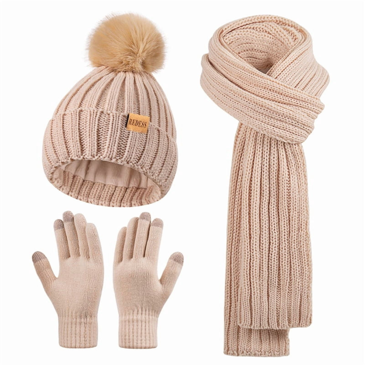 REDESS Womens Beanie Hat Scarf Gloves Set, Fleece Lined Winter Hat Long Knit Scarf Touchscreen Gloves for Cold Weather