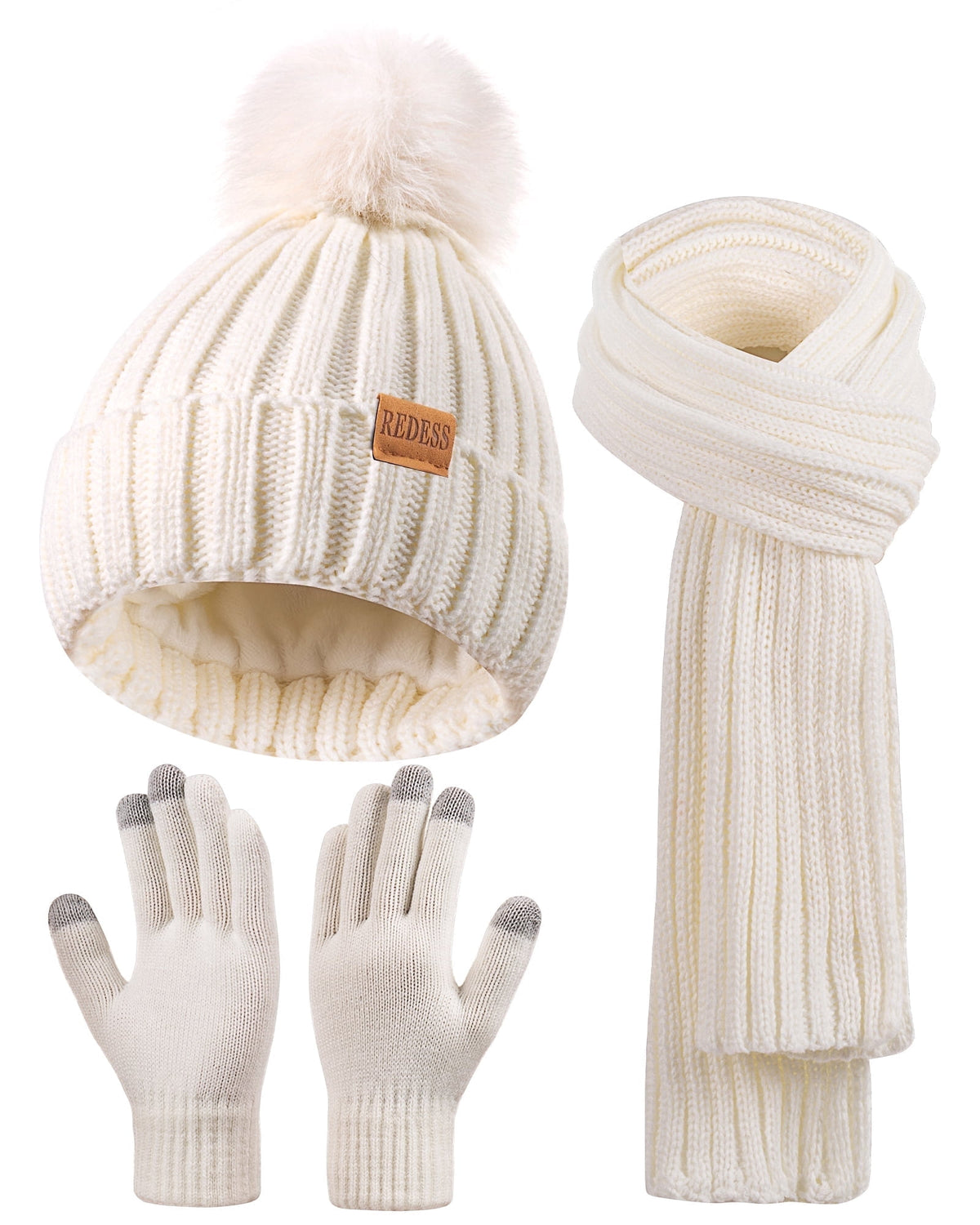 REDESS Womens Beanie Hat Scarf Gloves Set, Fleece Lined Winter Hat Long Knit Scarf Touchscreen Gloves for Cold Weather