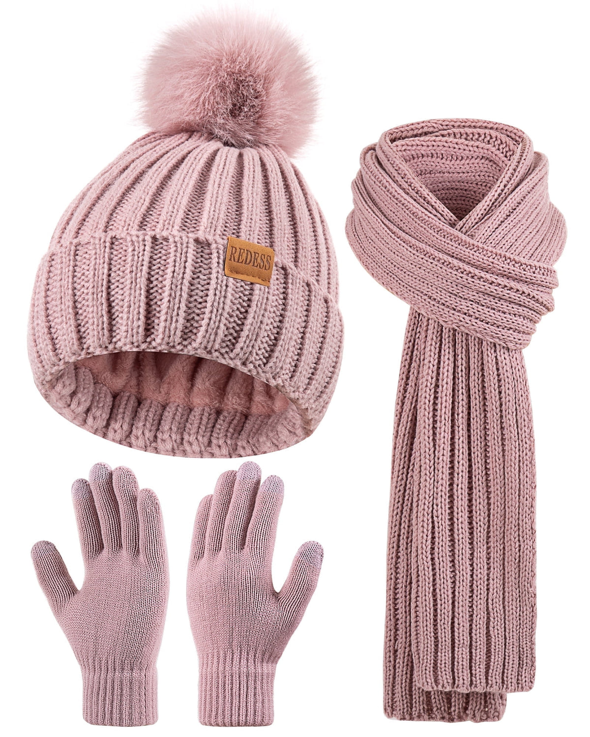 REDESS Womens Beanie Hat Scarf Gloves Set, Fleece Lined Winter Hat Long Knit Scarf Touchscreen Gloves for Cold Weather