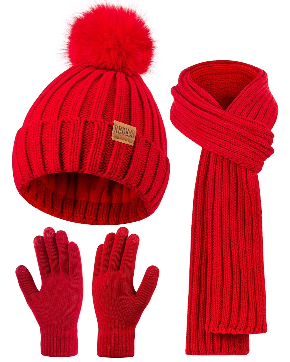 REDESS Womens Beanie Hat Scarf Gloves Set, Fleece Lined Winter Hat Long Knit Scarf Touchscreen Gloves for Cold Weather