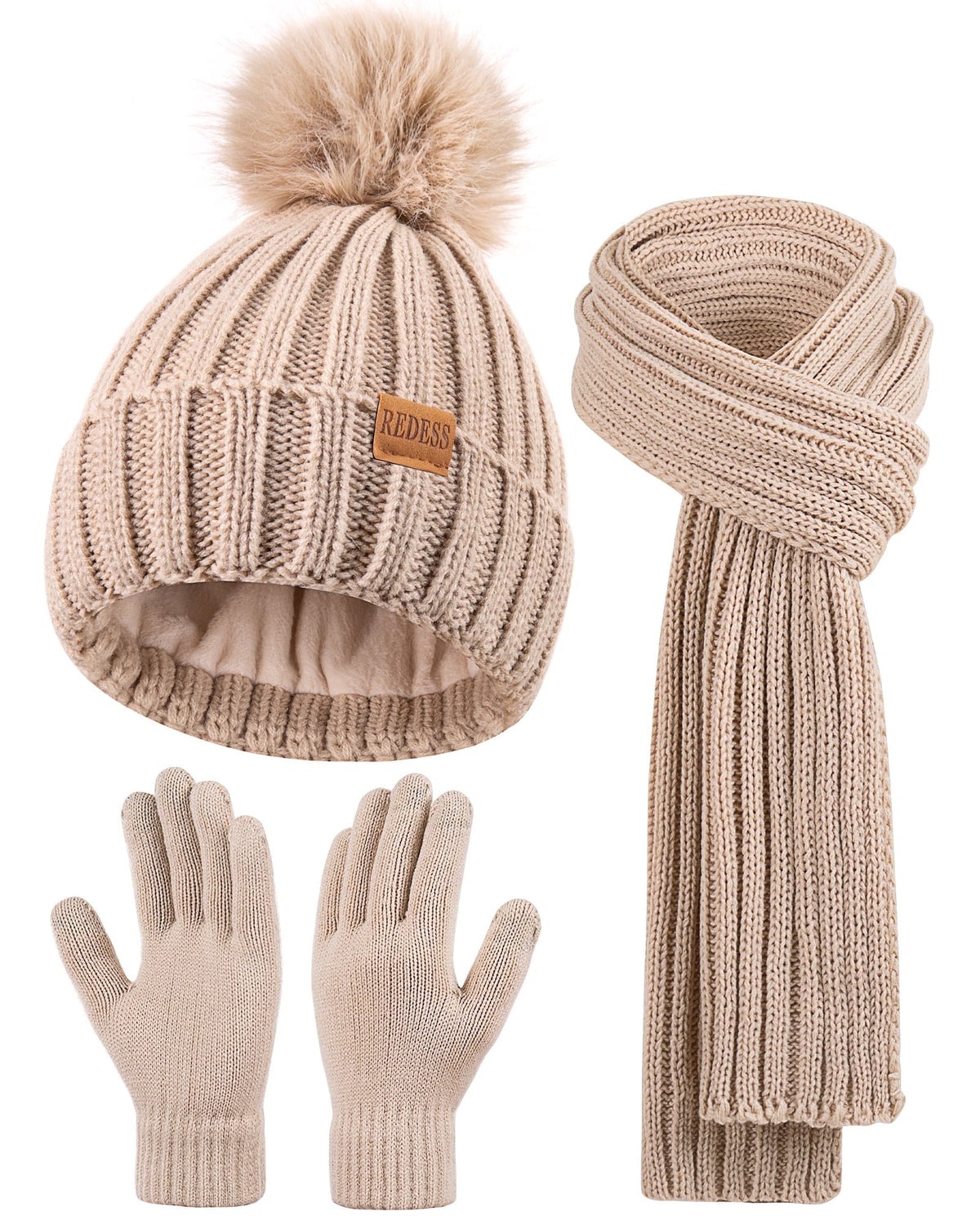 REDESS Womens Beanie Hat Scarf Gloves Set, Fleece Lined Winter Hat Long Knit Scarf Touchscreen Gloves for Cold Weather