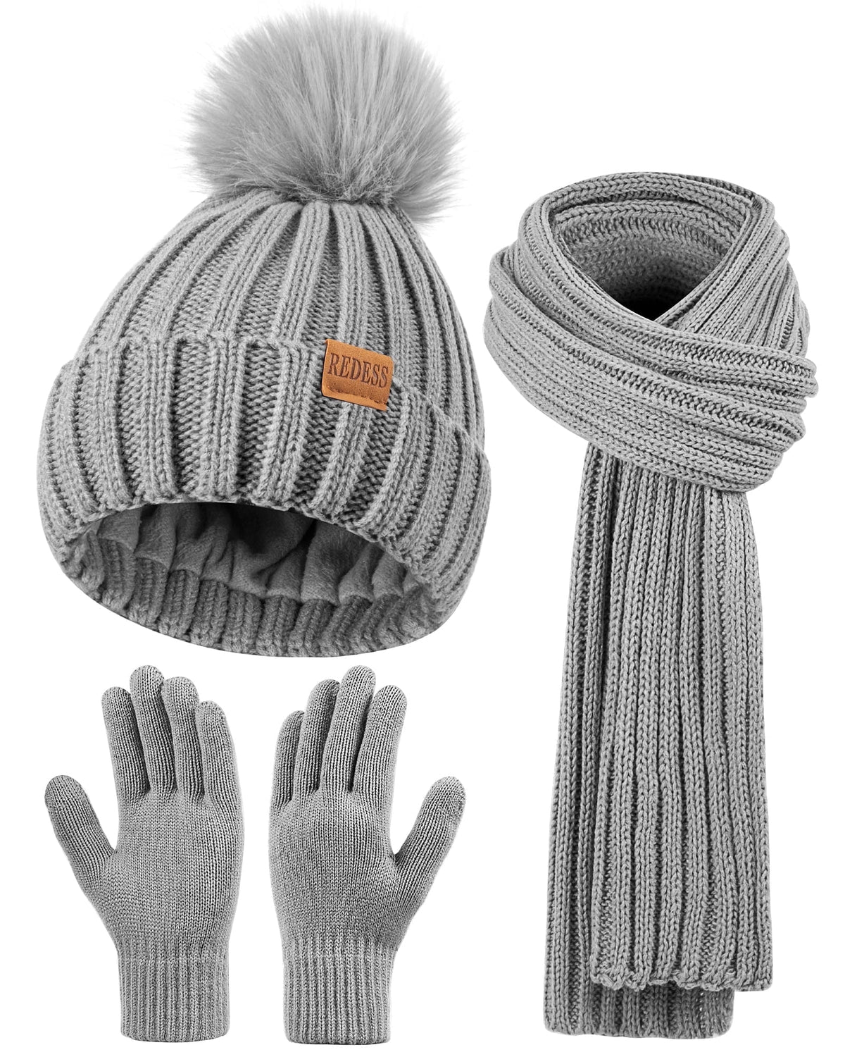 REDESS Womens Beanie Hat Scarf Gloves Set, Fleece Lined Winter Hat Long Knit Scarf Touchscreen Gloves for Cold Weather