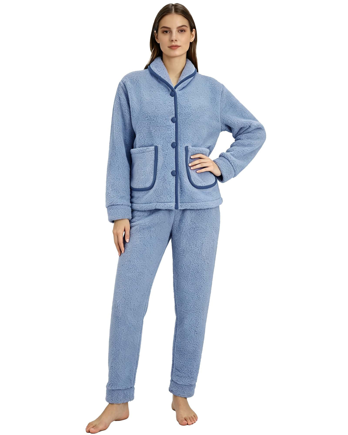REDESS Womens Pajama Sets Soft Fleece Pj Sets for Woman Mock Neck Button-front Top with Pockets Straight Leg Pants Pink