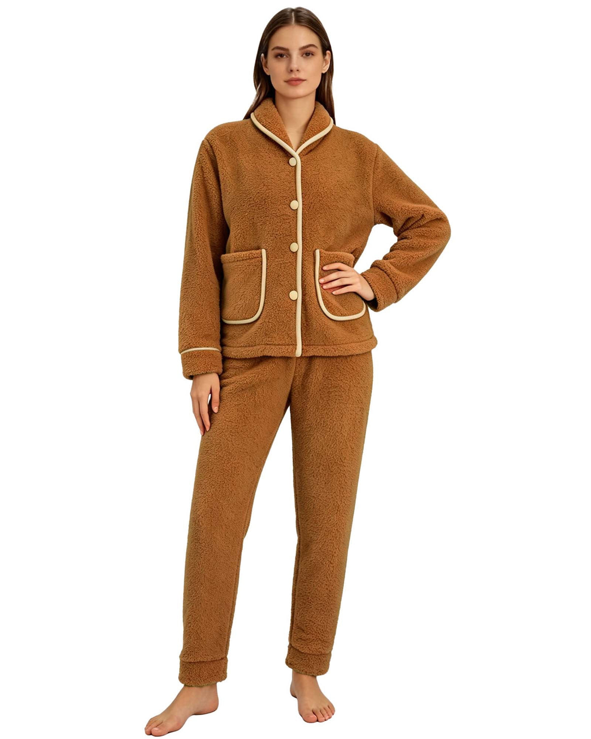 REDESS Womens Pajama Sets Soft Fleece Pj Sets for Woman Mock Neck Button-front Top with Pockets Straight Leg Pants Pink
