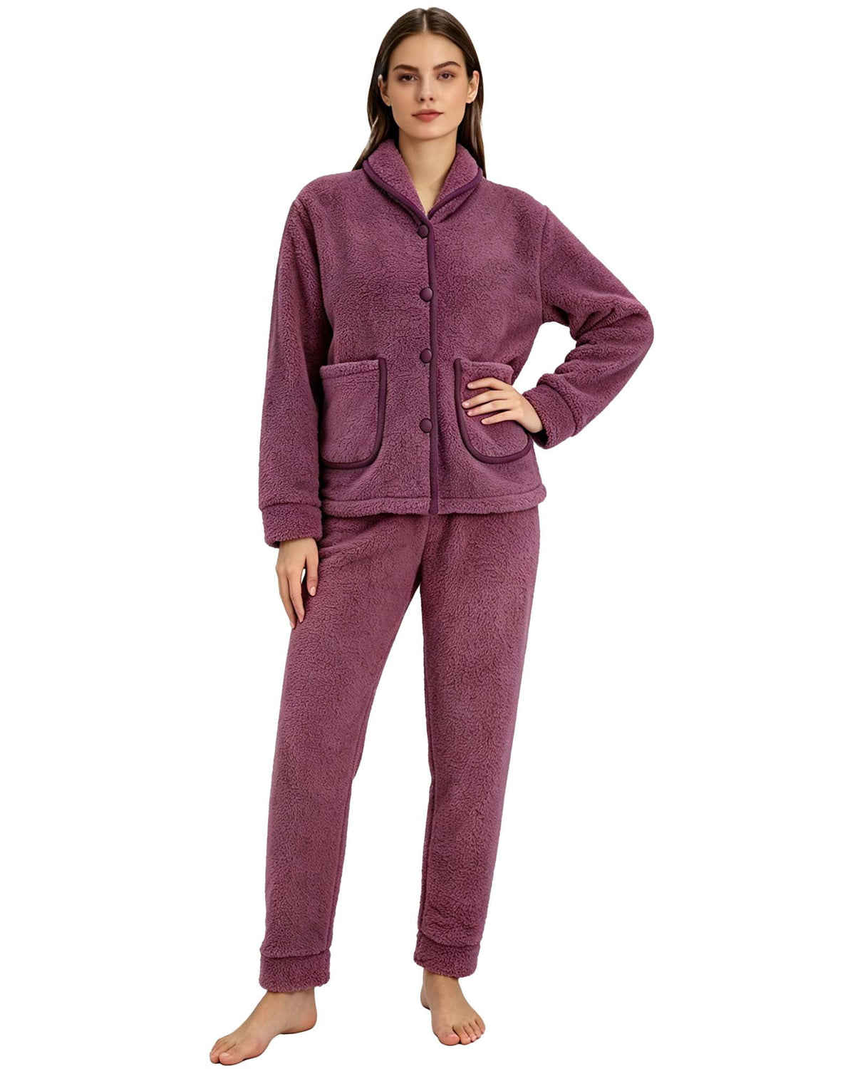 REDESS Womens Pajama Sets Soft Fleece Pj Sets for Woman Mock Neck Button-front Top with Pockets Straight Leg Pants Pink