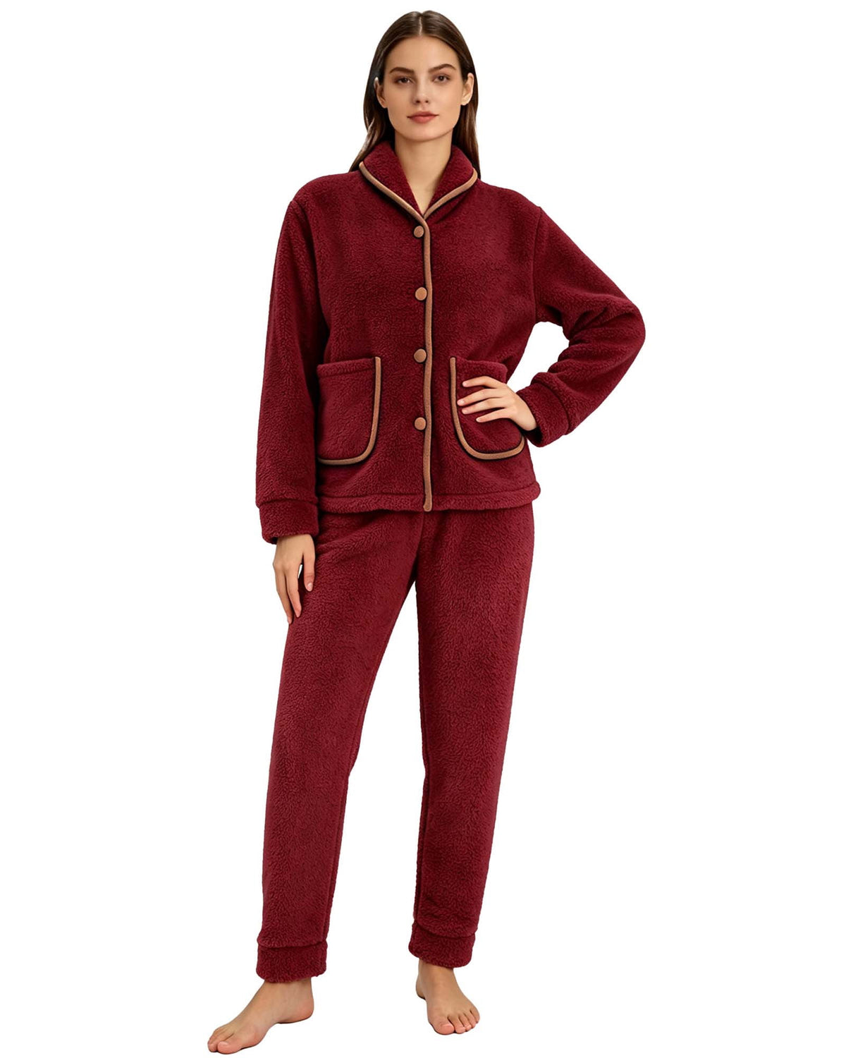 REDESS Womens Pajama Sets Soft Fleece Pj Sets for Woman Mock Neck Button-front Top with Pockets Straight Leg Pants Pink