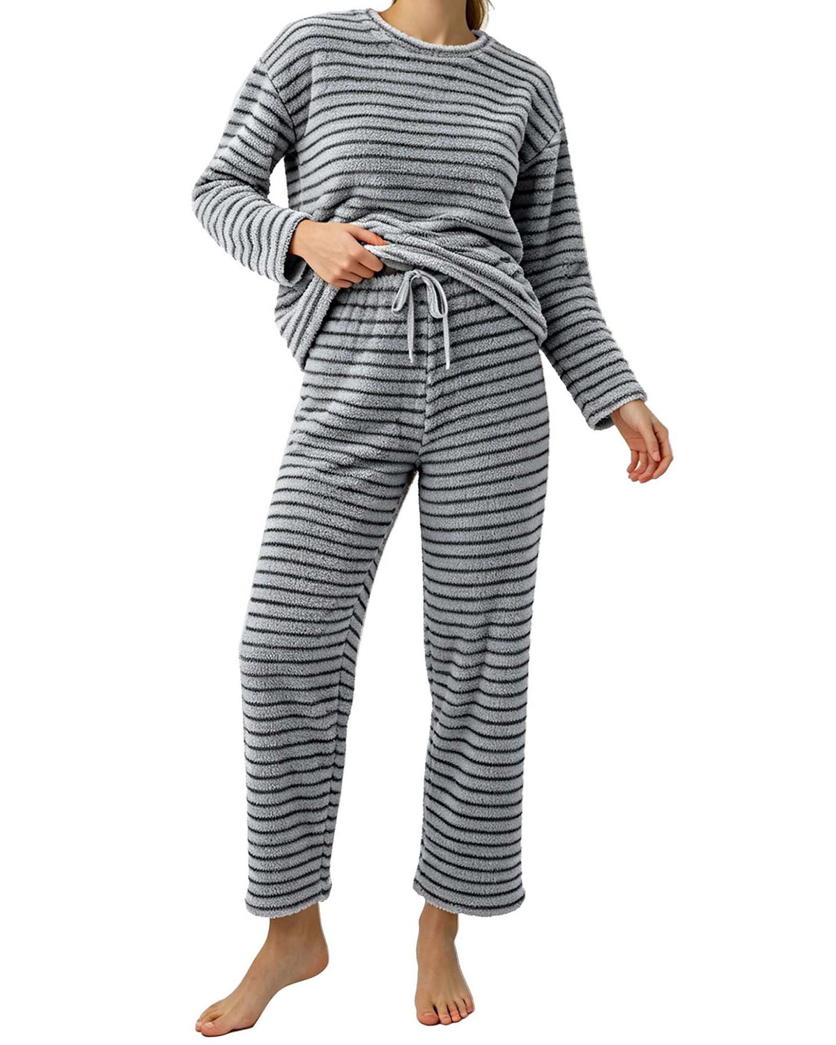 REDESS Womens Pajama Sets, Striped Fuzzy Fleece 2 Piece Matching Sleepwear, Crew Neck Pullover Top & Drawstring Pants, Cozy Lounge Sets for Women Winter Loungewear, S?XXL