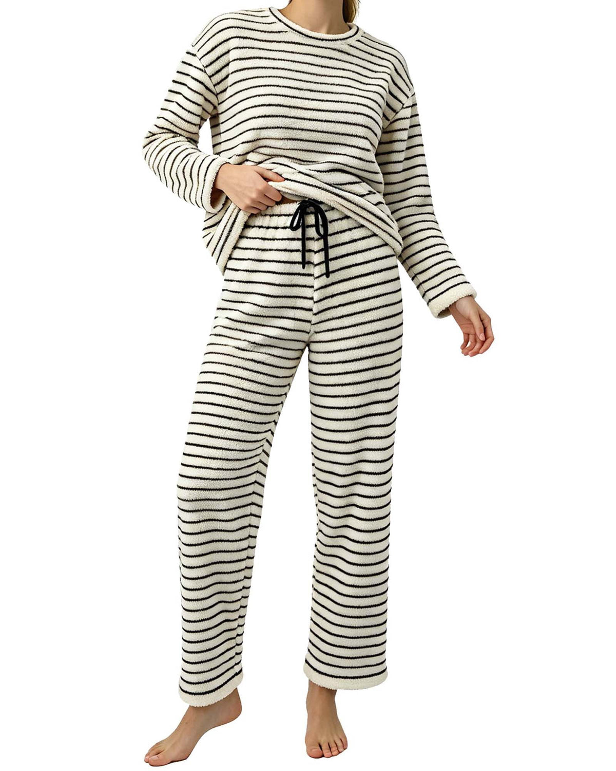REDESS Womens Pajama Sets, Striped Fuzzy Fleece 2 Piece Matching Sleepwear, Crew Neck Pullover Top & Drawstring Pants, Cozy Lounge Sets for Women Winter Loungewear, S?XXL