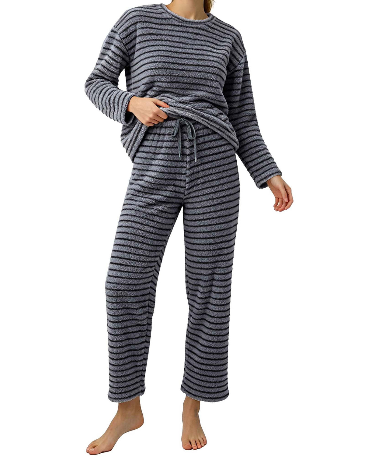 REDESS Womens Pajama Sets, Striped Fuzzy Fleece 2 Piece Matching Sleepwear, Crew Neck Pullover Top & Drawstring Pants, Cozy Lounge Sets for Women Winter Loungewear, S?XXL