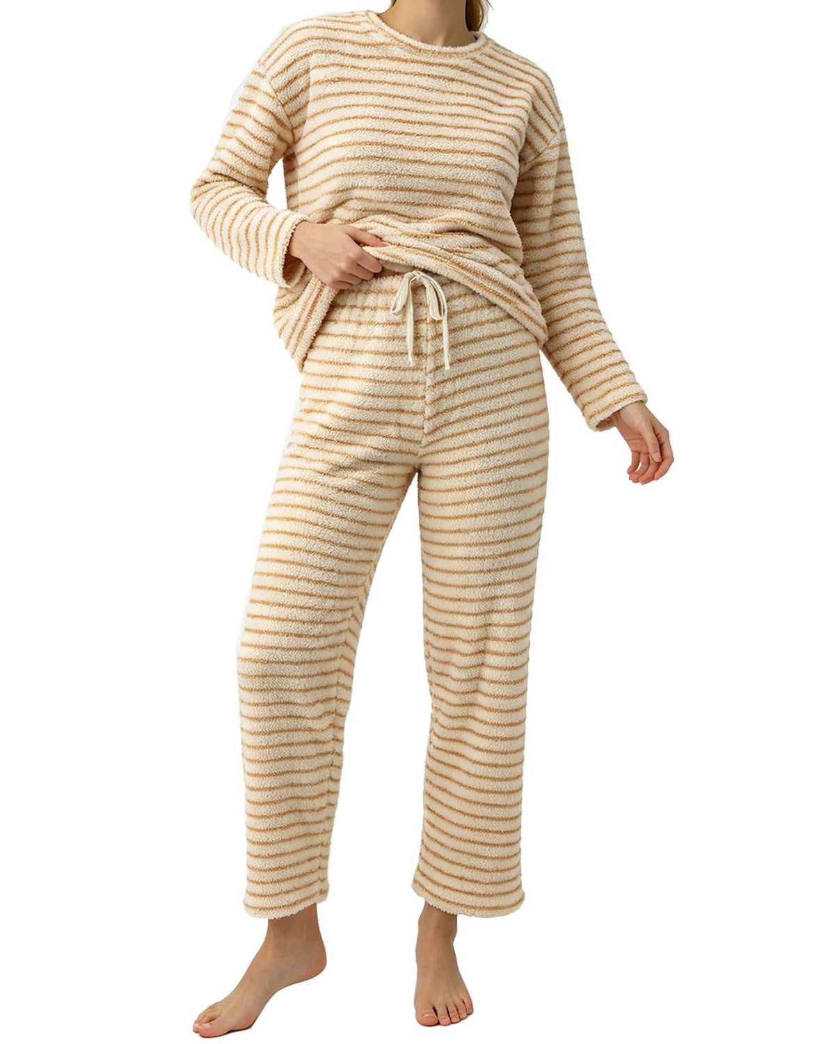 REDESS Womens Pajama Sets, Striped Fuzzy Fleece 2 Piece Matching Sleepwear, Crew Neck Pullover Top & Drawstring Pants, Cozy Lounge Sets for Women Winter Loungewear, S?XXL