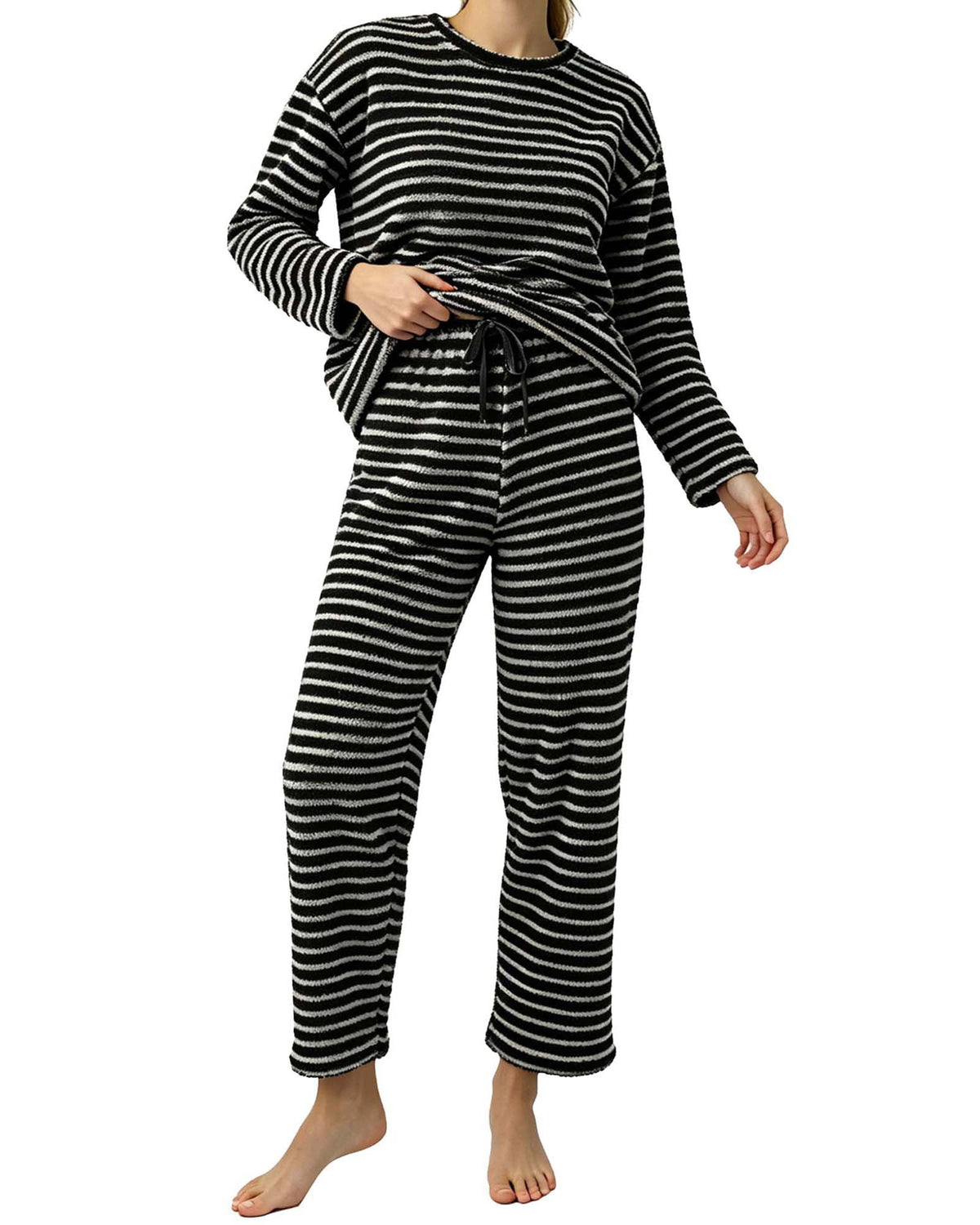 REDESS Womens Pajama Sets, Striped Fuzzy Fleece 2 Piece Matching Sleepwear, Crew Neck Pullover Top & Drawstring Pants, Cozy Lounge Sets for Women Winter Loungewear, S?XXL
