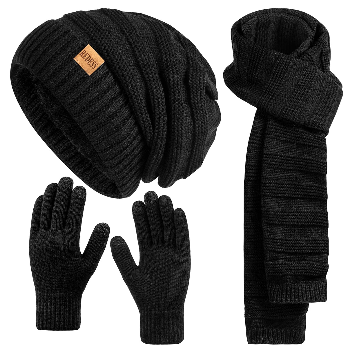 REDESS Womens Slouchy Beanie Hats Warm Winter Gloves Knit Thick Scarf,Black