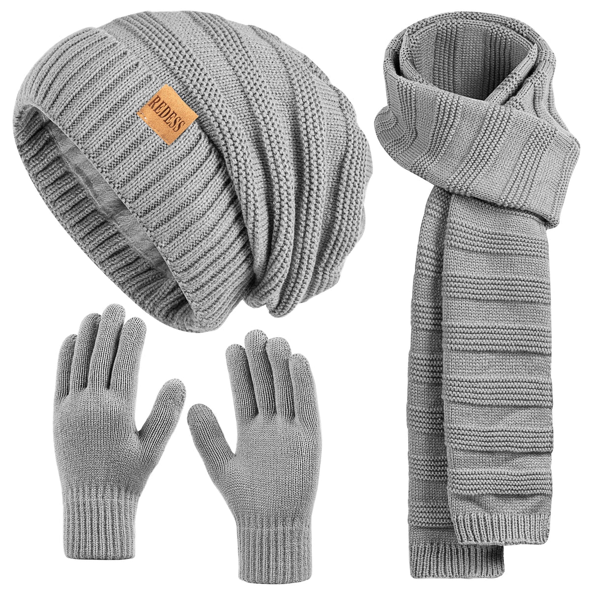 REDESS Womens Slouchy Beanie Hats Warm Winter Gloves Knit Thick Scarf,Black