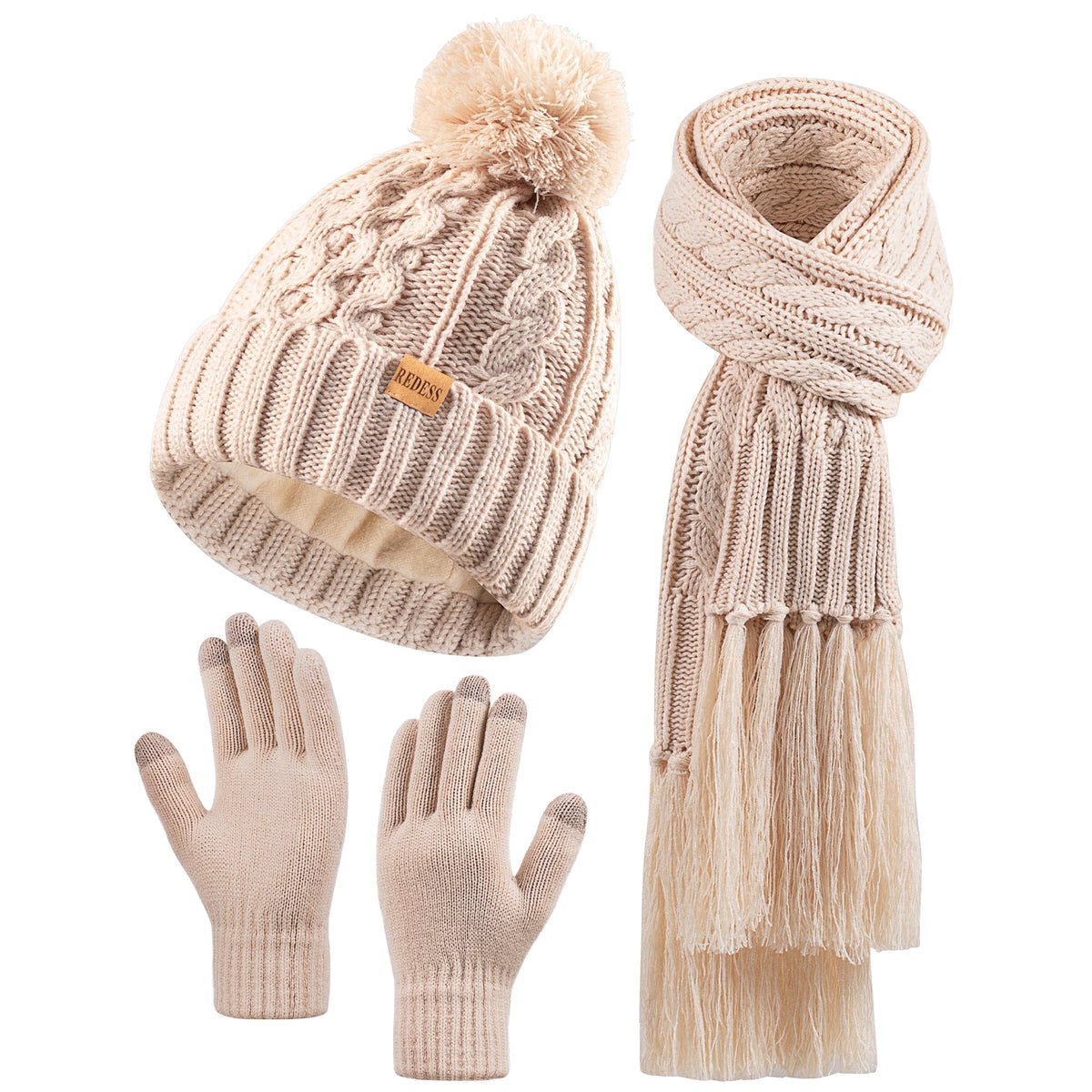 REDESS Womens Winter Hats Beanie Scarf &Gloves Sets for Women-Oat
