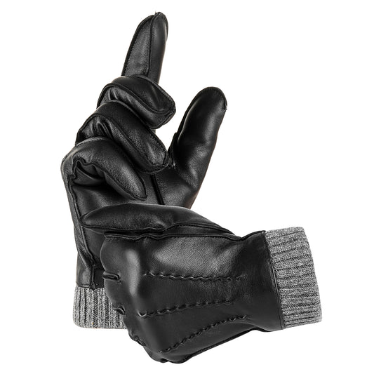 REDESS Winter Warm Men Genuine Leather Gloves, Cashmere Lined Driving Motorcycle Gloves for Men-Black