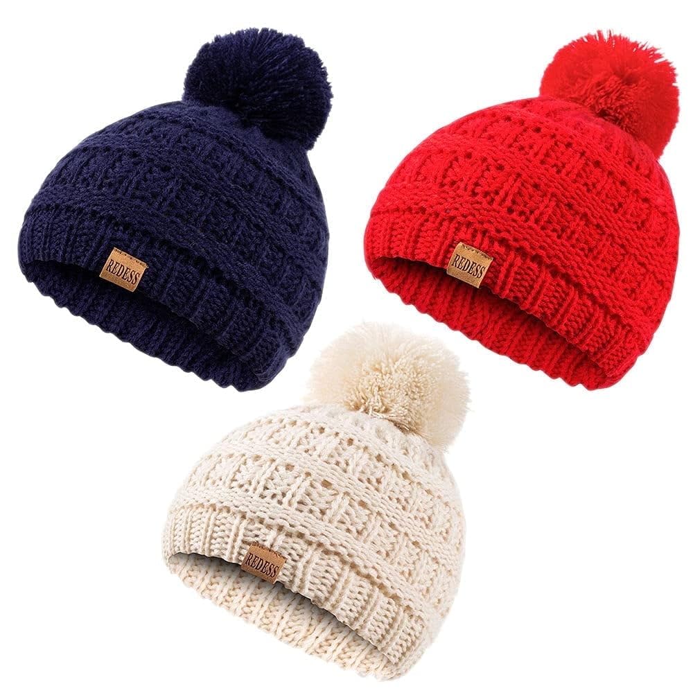 REDESS Baby Kids Winter Warm Beanie Hats, Infant Toddler Children Pom Pom Beanie Knit Cap Girls Boys-3 Pack