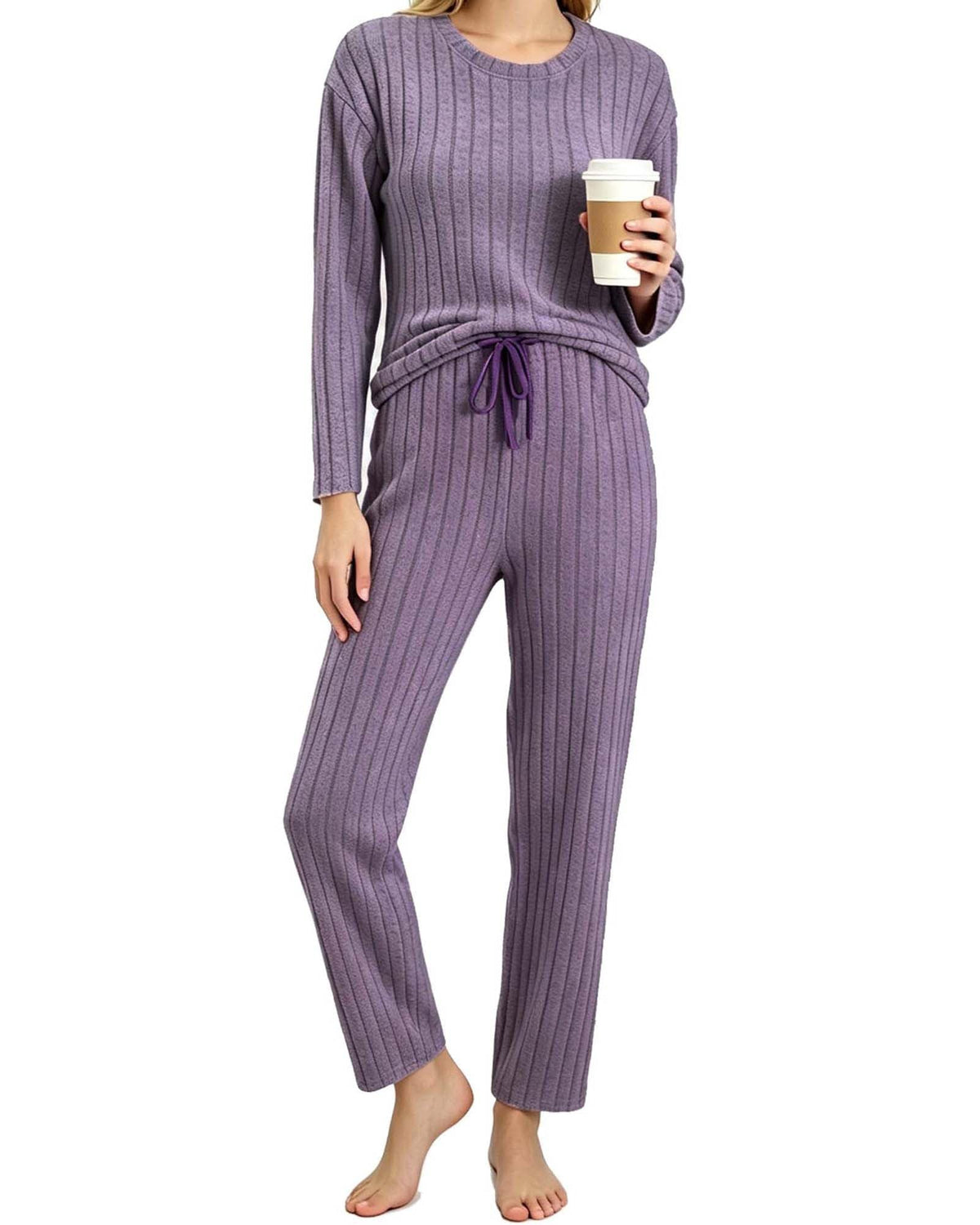 REDESS Womens Pajama Sets, Ribbed Knit 2 Piece Matching Loungewear, Long Sleeve Crew Neck Top & Drawstring Waist Pants, Casual Lounge Sets for Women Sleepwear, S‑XXL