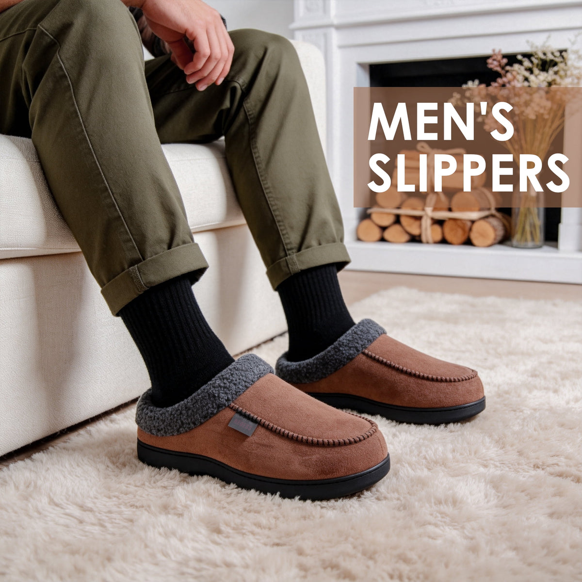 REDESS Mens Moccasin Slipper, Memory Foam Warm Fleece Lined Indoor Outdoor House Shoes