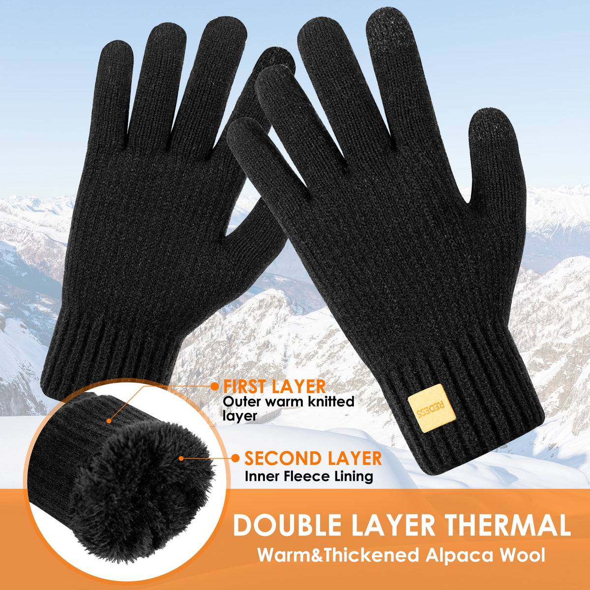 REDESS Winter Gloves for Men and Women Touch Screen Knit Warm Black Gloves for Cold Weather