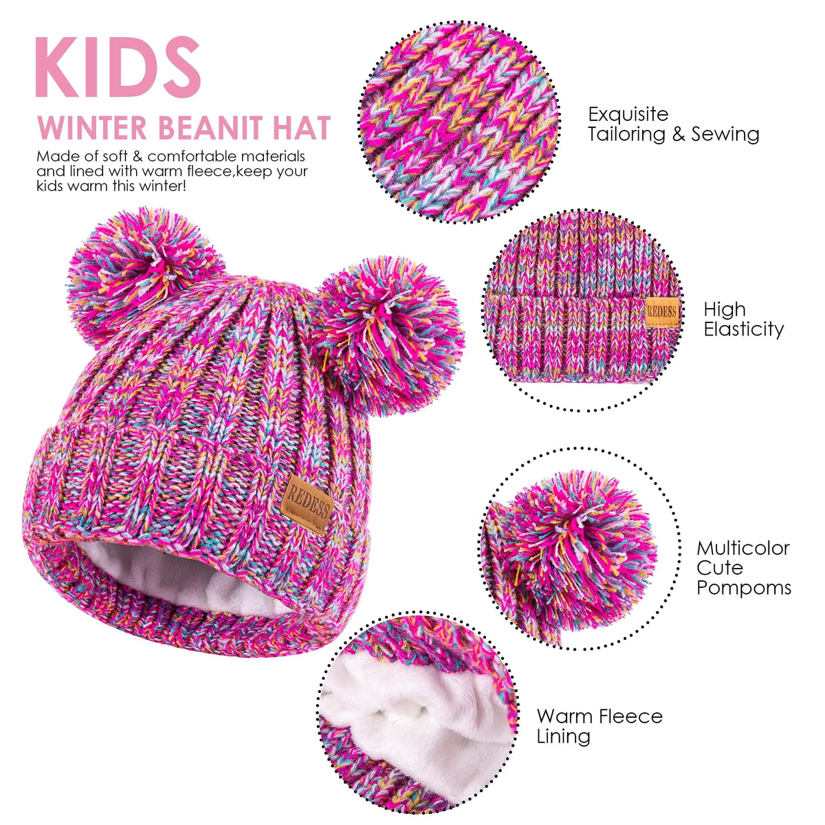 REDESS Winter Beanie Hats for Kids with Warm Fleece Lined, Children's Knit Hat for Boys Girls 5-9 Years Old