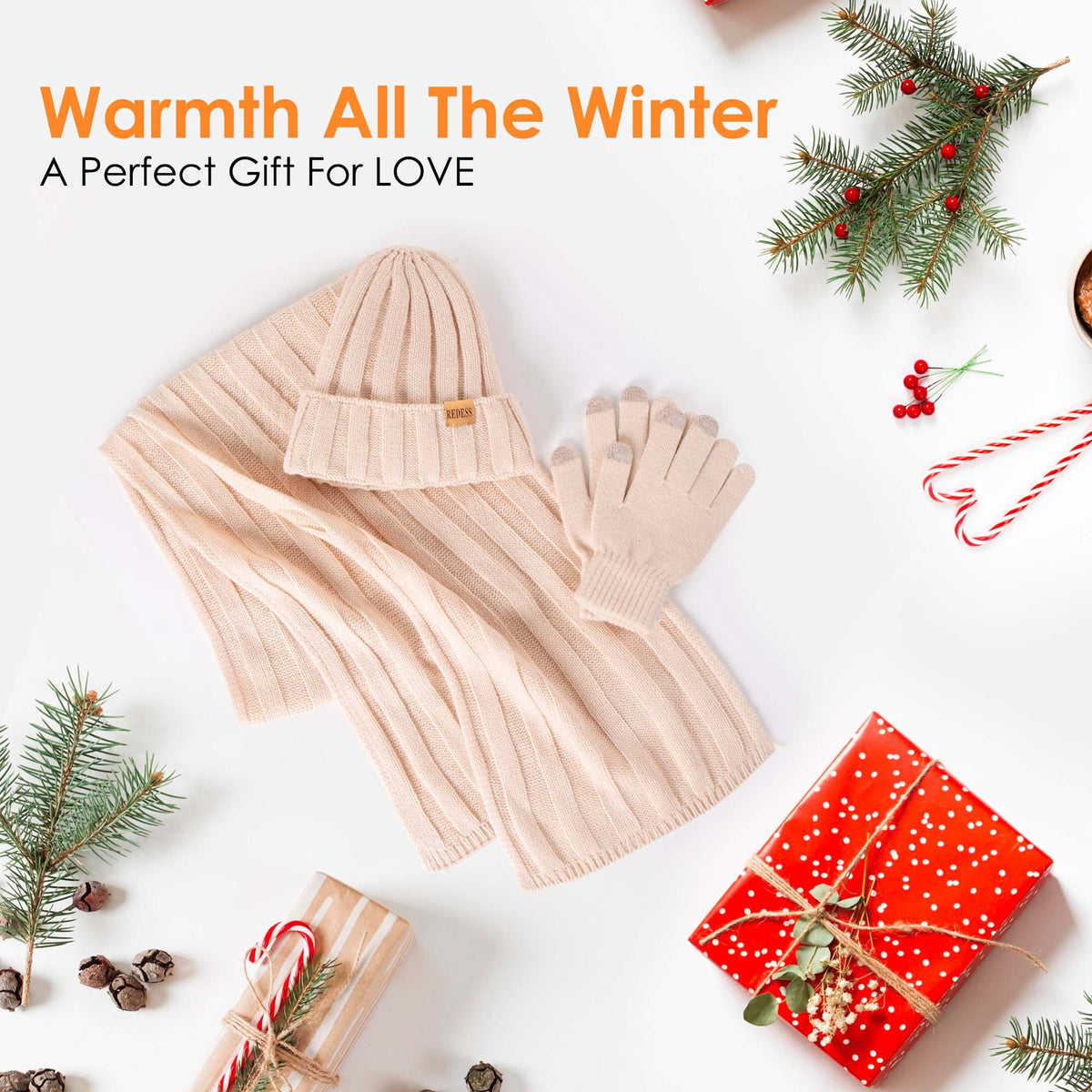 REDESS Winter Hat and Gloves Sets for Women, Fleece Lined Beanie Hat Scarf and Touchscreen Glove Sets for Women