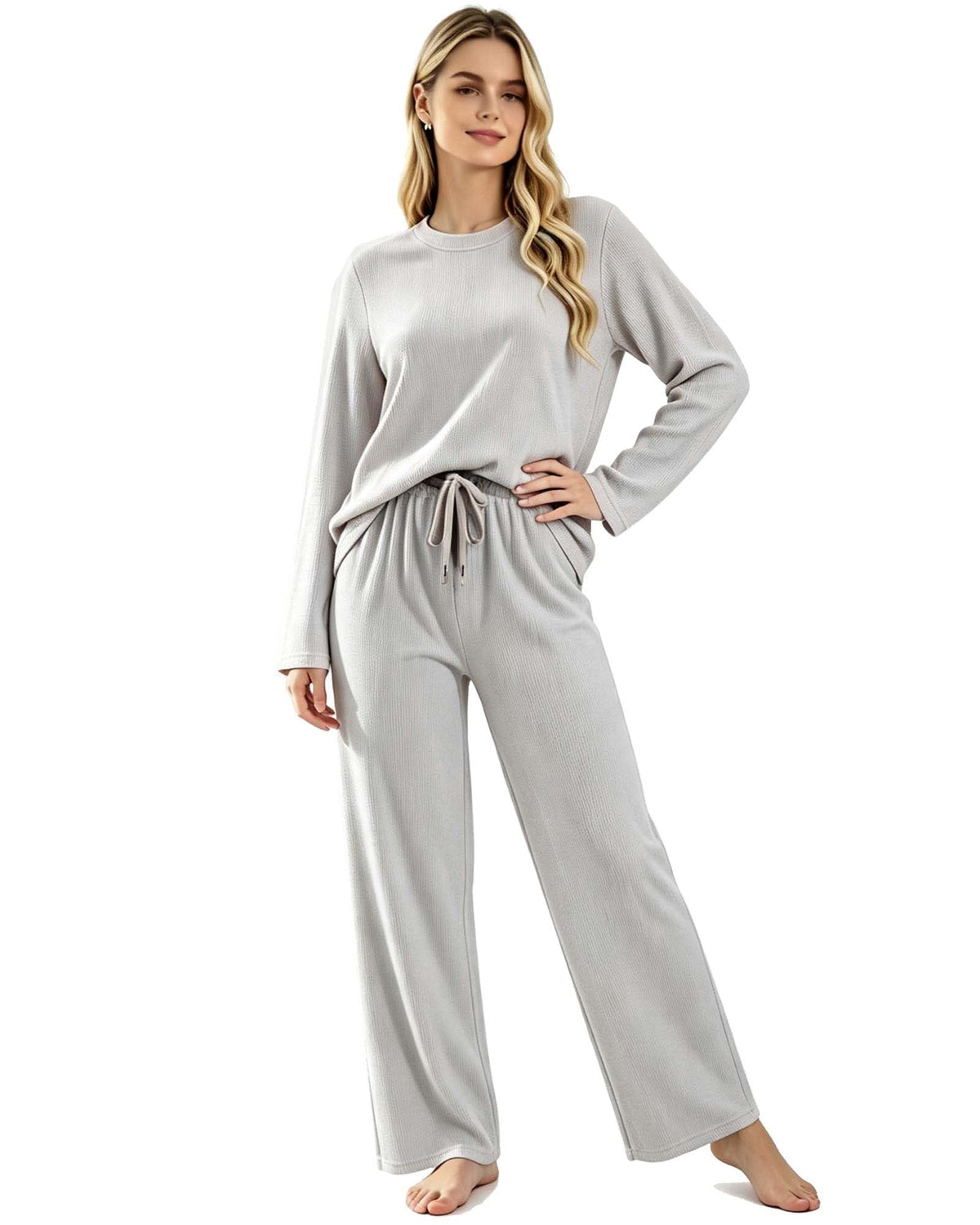 REDESS Lounge Sets for Women, 2‑Piece Crew Neck Long‑Sleeve Top & Drawstring Wide Leg Pants, Casual Matching Sleepwear Loungewear for Ladies