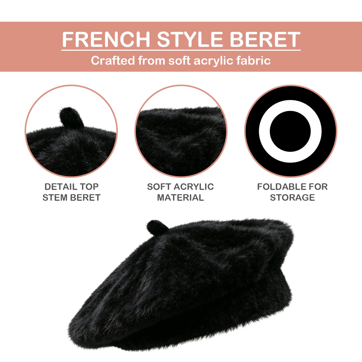 REDESS Winter Beret Hats for Womens Vintage Style Black Hat Solid Color
