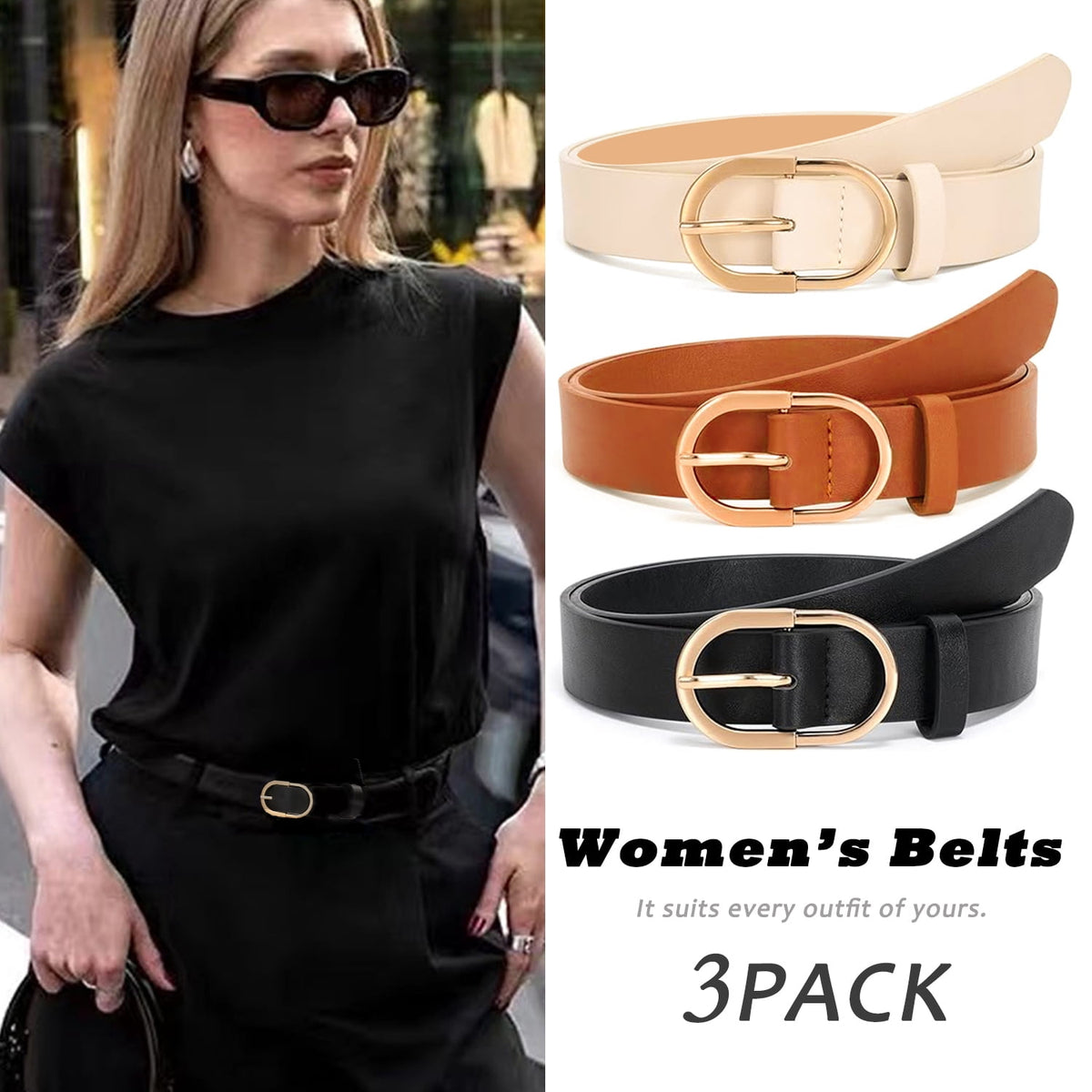 REDESS Belts for Women with Fashion Gold Buckle Leather Belts for Jeans Pants Dress,3 Pack