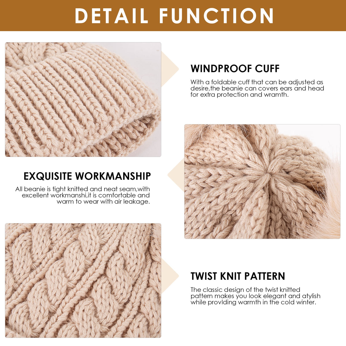 REDESS Women's Winter Beanie Hat with Two Pompoms and Warm Fleece Lining-Black