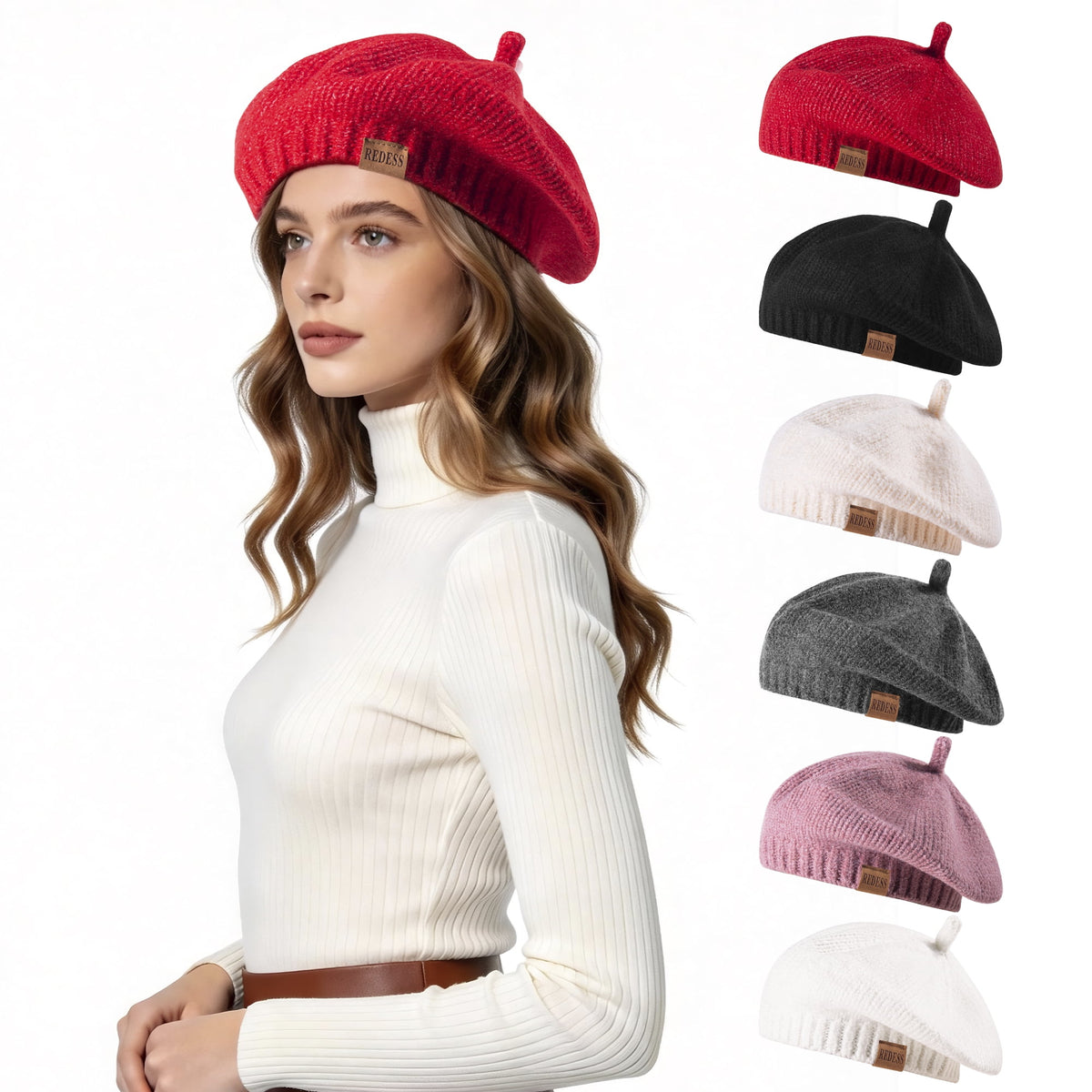 REDESS Womens Beret Hat, Vintage Knit Acrylic Winter Beret Hat for Women, Solid Color Stretch Fashion Beanie Cap