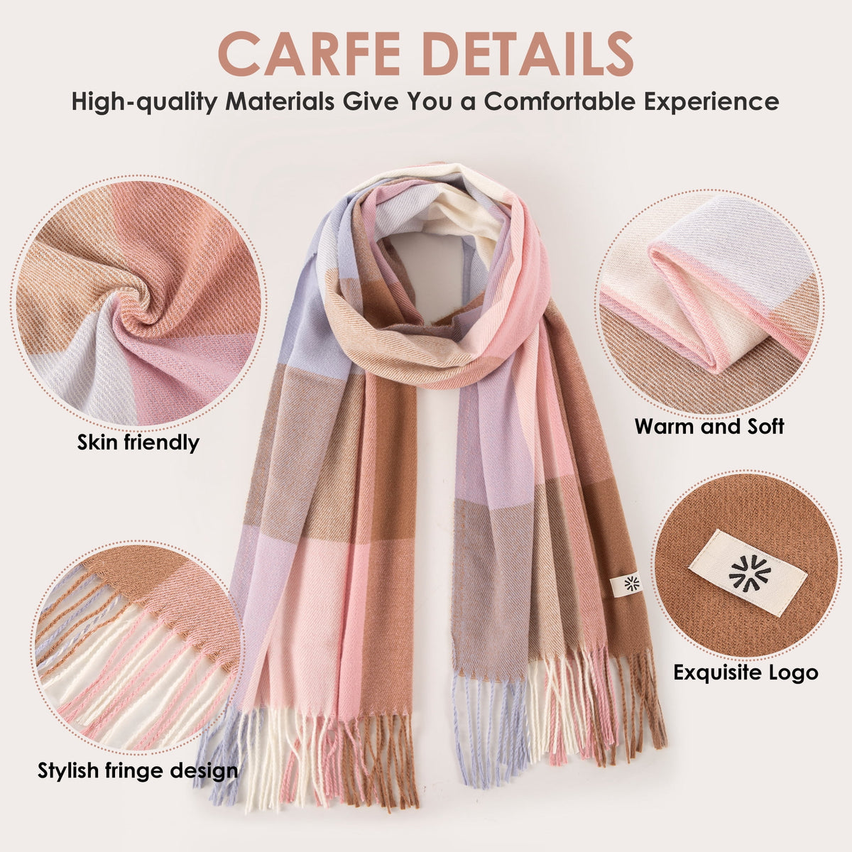 REDESS Scarves for Women Winter Soft Long Tassel Plaid Pattern Pashmina Scarves for Adult Unisex,Pink