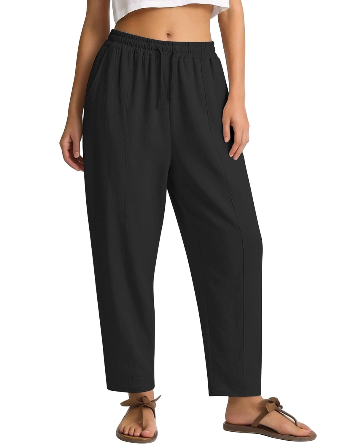 REDESS Pants for Women Wide Leg Khaki Linen Pants Summer Casual Flowy Pants with Pocket,XS-XL