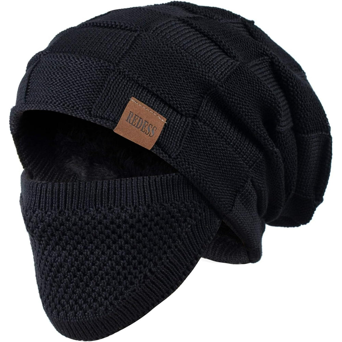 REDESS Beanie Hat for Men and Women Winter Warm Hats Knit Slouchy Thick Skull Cap with Face Cover-Black