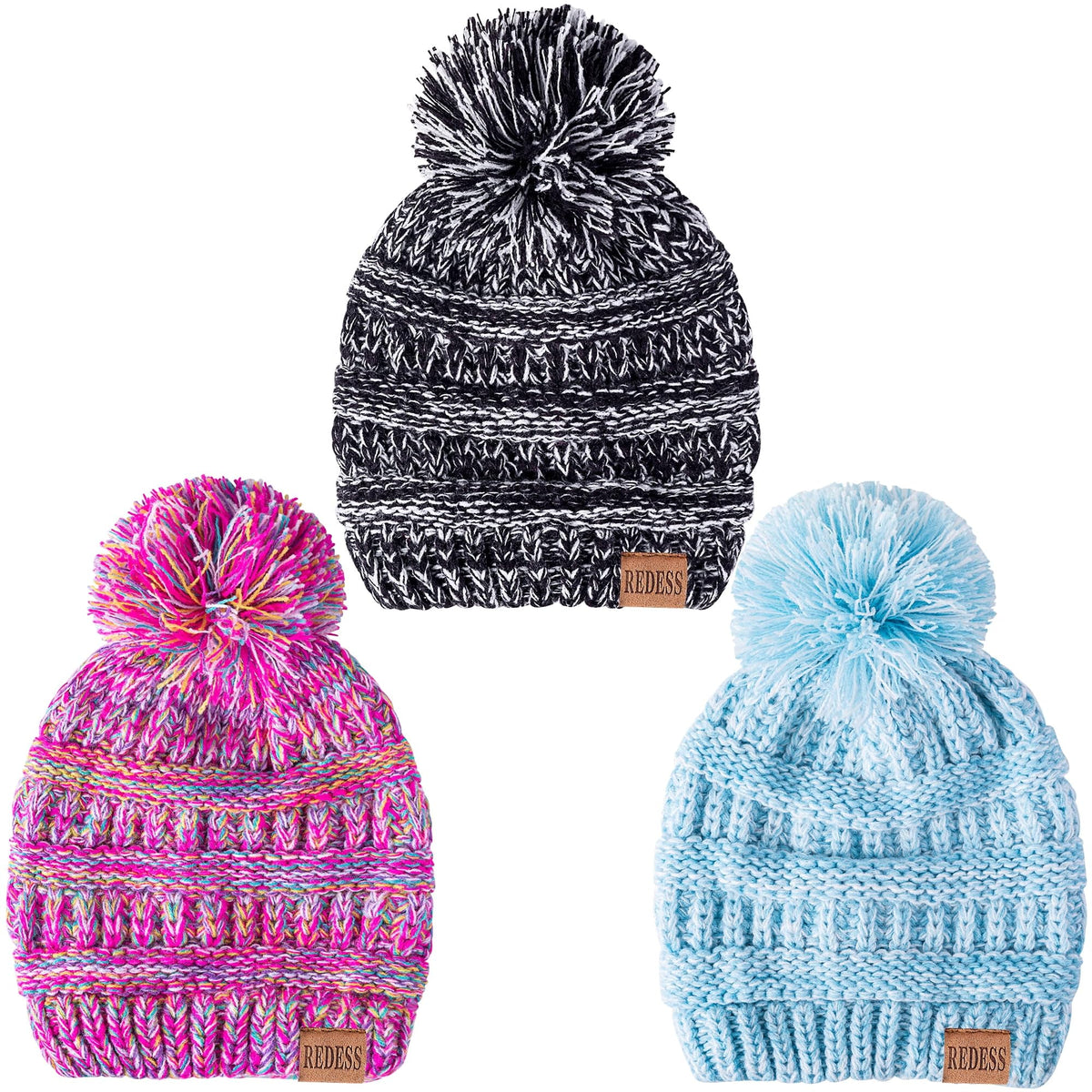 REDESS Baby Kids Winter Warm Beanie Hats, Infant Toddler Children Pom Pom Beanie Knit Cap Girls Boys-3 Pack