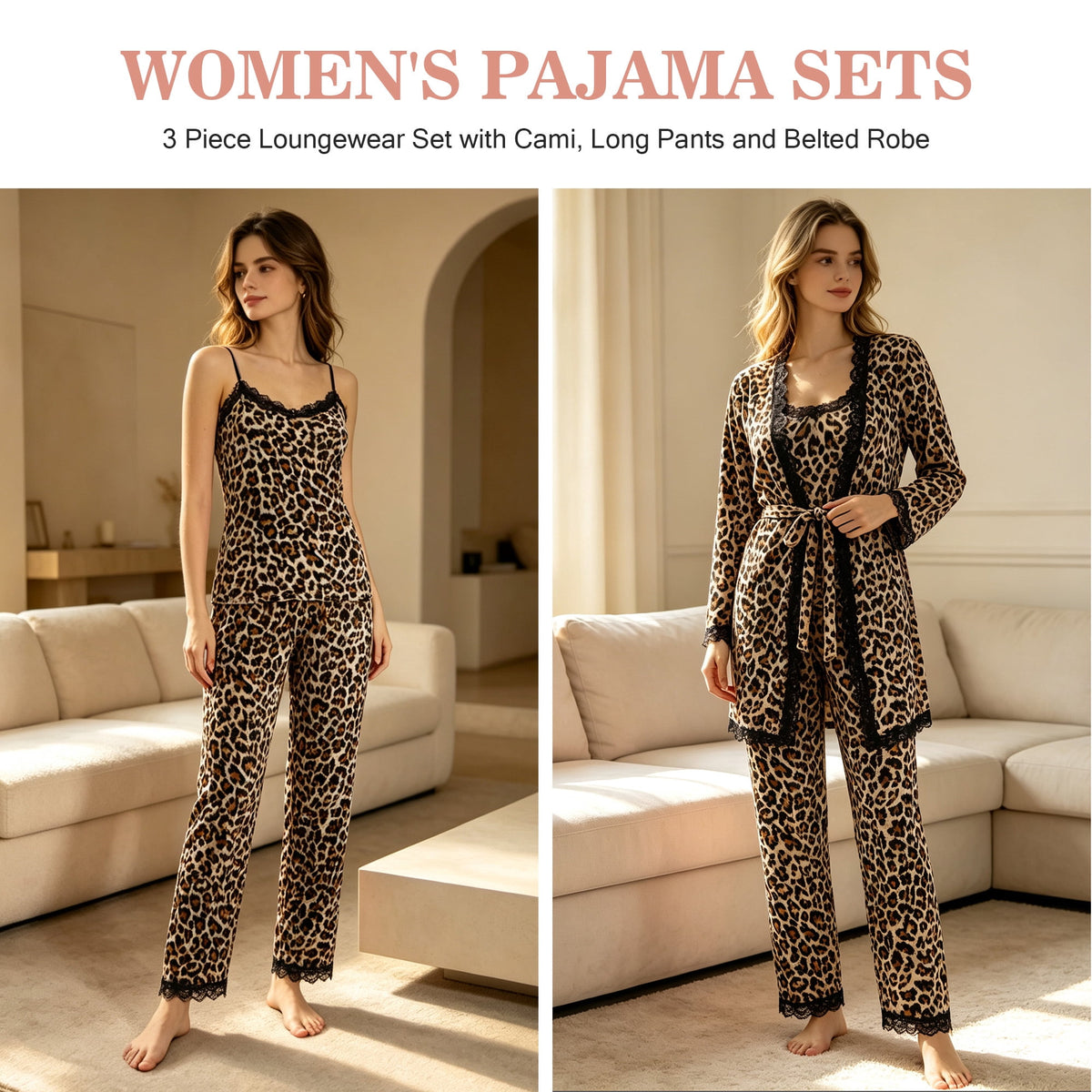 REDESS Womens Pajama Sets, Lace Trim Cami Top, Belted Robe & Long Pants Loungewear 3 Piece Velvet Pajama Sets for Women